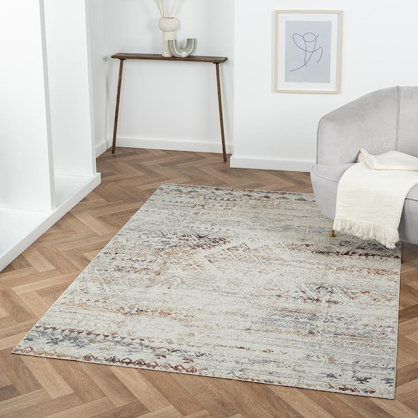 Lara Ivory/Gray 8 ft. x 10 ft. Contemporary Distressed Medallion Machine-Washable Area Rug