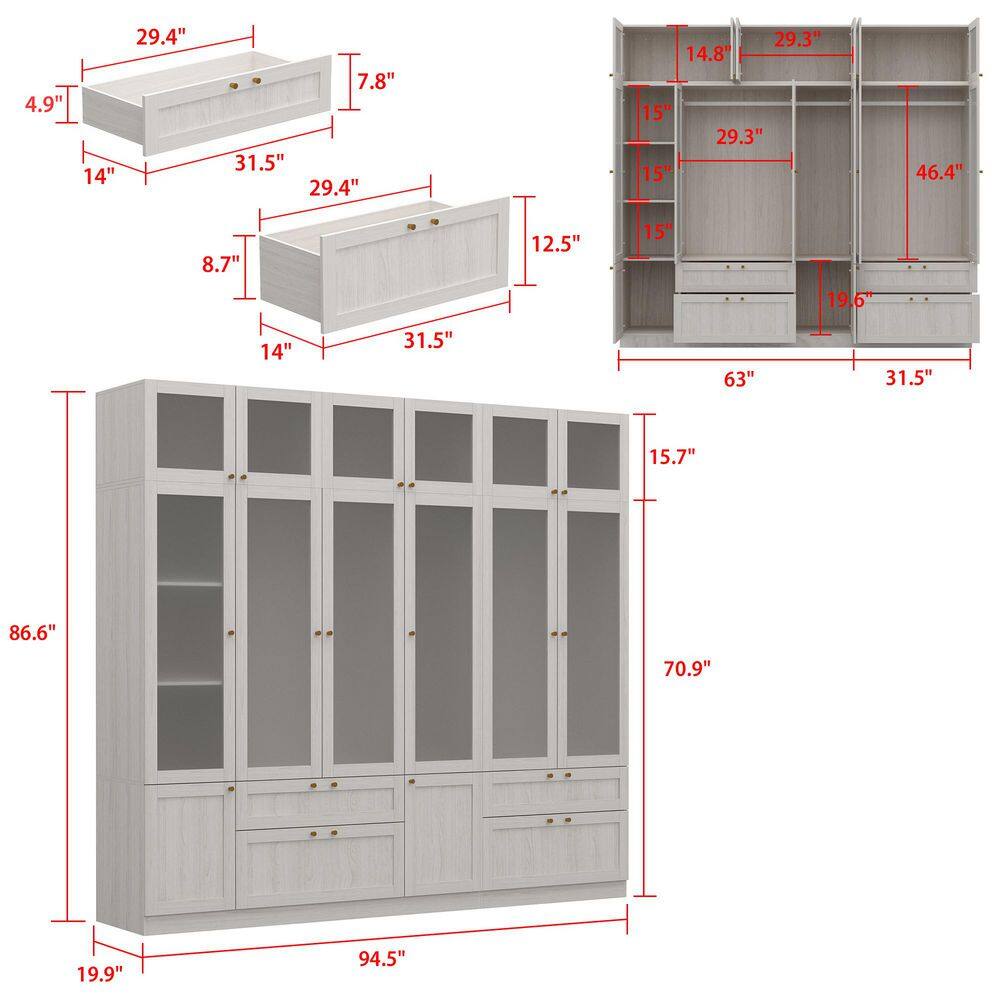 Light Oak Wood 94.5 in. Bedroom Wardrobe with Frosted Glass Doors, Hanging Rod, and Multiple Storage Drawers - thumbnail 9