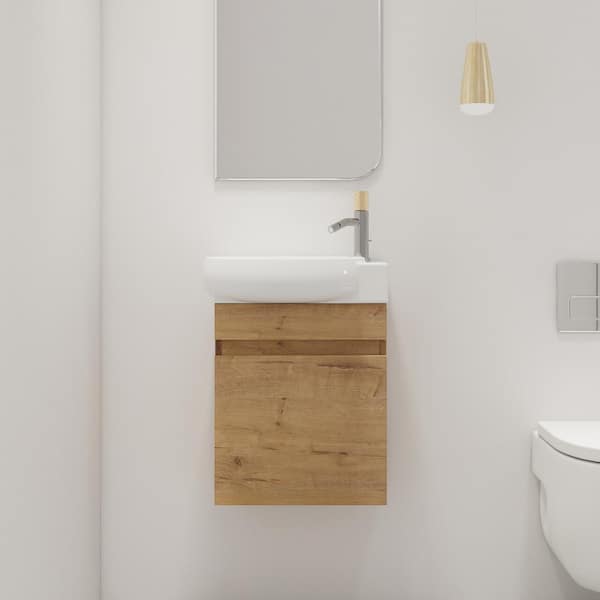 ARTCHIRLY 16.8 in. W x 11.6 in. D x 21.3 in. H Single Sink Wall-Mounted Bath Vanity in Light Brown with White Ceramic Vanity Top