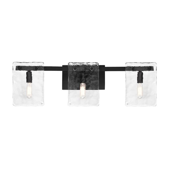 Savoy House Genry 25 in. 3-Light Matte Black Bathroom Vanity Light with Clear Rippled Glass Panes