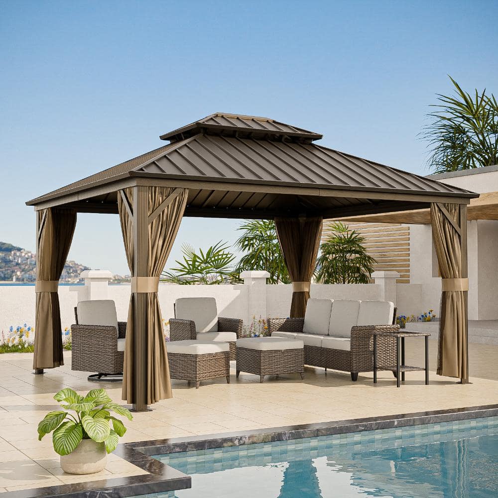 Shade Graphix 14 ft. x 12 ft. Metal Double-Roof Hardtop Gazebo Galvanized Top 2-Tier Aluminum Frame w/ Zippered Curtain and Netting