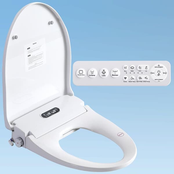 Electric Bidet Seat for Elongated Toilets in White with LED Display and Remote Control