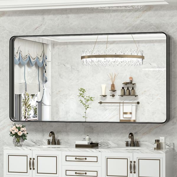 60 in. W x 28 in. H Rectangular Framed French Cleat Wall Mounted Tempered Glass Bathroom Vanity Mirror in Matte Black