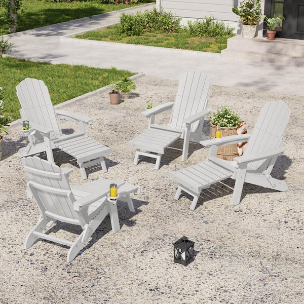 Outdoor Plastic Folding Adirondack Chair with Retractable Ottoman for Lawn, White, (Set of 4)