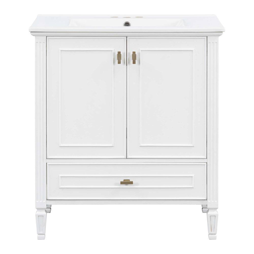 30 in. Freestanding White Bath Vanity with White Ceramic Top, Sink, Drawers, 2 Soft-Close Doors, Solid Wood Frame, Legs price history on PriceWatchPro