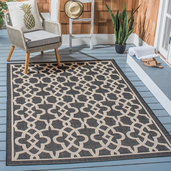 Courtyard Black/Beige Doormat 3 ft. x 5 ft. Border Indoor/Outdoor Patio Area Rug