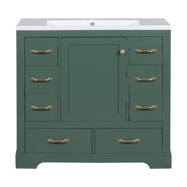 Unbranded 36 in. W x 18 in. D x 34.2 in. H Freestanding Bath Vanity in Green with White Ceramic top with 6-Drawers