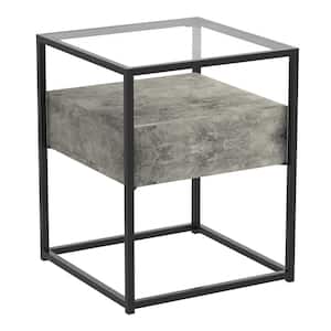 17 in. L Dark Cement 1-Drawer Glass Top Black Metal Accent Table