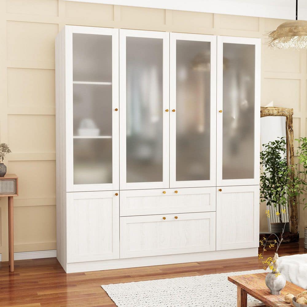 Light Oak Wood 63 in. Bedroom Armoire with Frosted Glass Doors, Double Hanging Rods and 2-Large Storage Drawers
