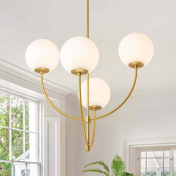 Lucie 29.13 in. 4-Light Modern Brass Sputnik Pendant Light with Opal Glass Shades