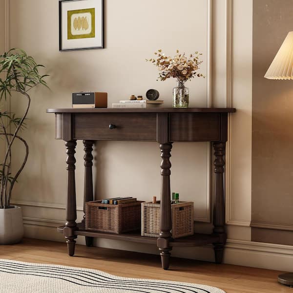 36 in. Espresso Oval Wood Console Table with Top Drawer and Open Shelf