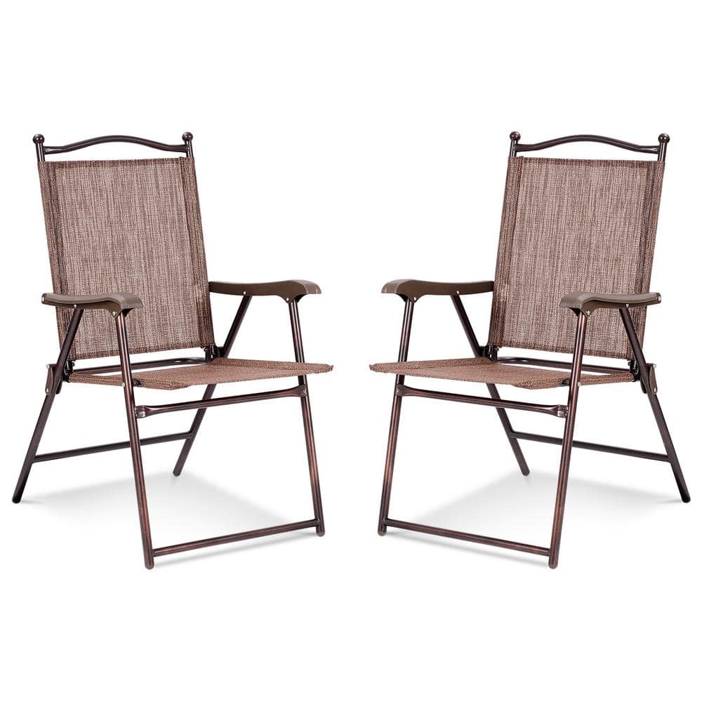 Metal Patio Folding Dining Chair Sling Back Deck Chairs Set of 2-in Brown