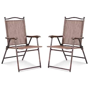 Metal Patio Folding Dining Chair Sling Back Deck Chairs Set of 2-in Brown