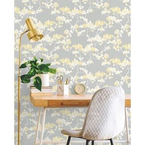 Buttercup and Grey Cyprus Blossom Peel and Stick Wallpaper 30.75 sq. ft.