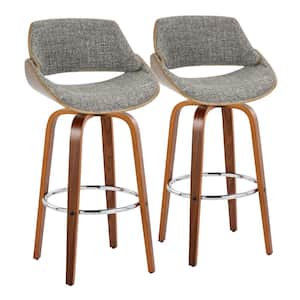Fabrizzi 29 in. Grey Fabric, Walnut Wood and Chrome Metal Fixed-Height Bar Stool with Round Footrest (Set of 2)