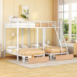 Full over Twin & Twin Bunk Bed, Metal Triple Bunk Bed with Drawers and Guardrails, White