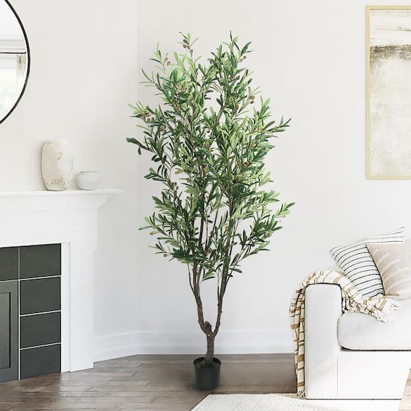 4 ft Artificial Olive Plants in White Tower Planter with Realistic Leaves  and Trunk, Silk Fake Olive Tree with Plastic Nursery Pot, Faux Olive Tree  for Office Home Farmhouse 