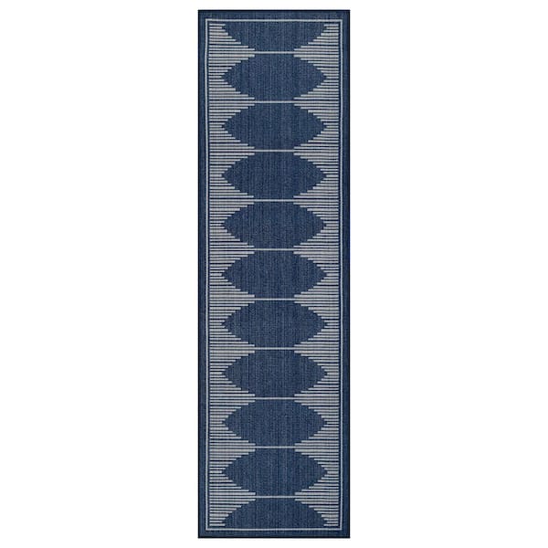 Geometric Navy/Ivory Easy-Care Jute-Style Indoor/Outdoor Flat Woven 2 ft. 3 in. x 8 ft. Navy Area Rug