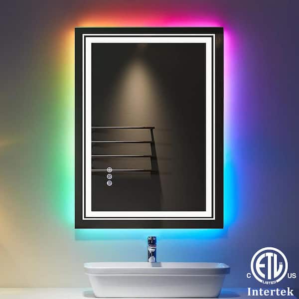 Apmir 24 in. W x 32 in. H Rectangular Frameless RGB Backlit LED Frontlit Anti-Fog Tempered Glass Wall Bathroom Vanity Mirror