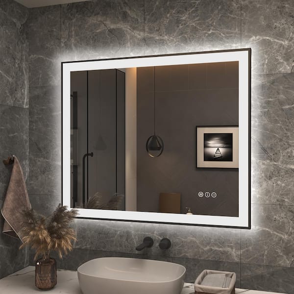 Apmir 30 in. W x 36 in. H Rectangular Space Aluminum Framed Dual Lights Anti-Fog Wall Bathroom Vanity Mirror in Tempered Glass