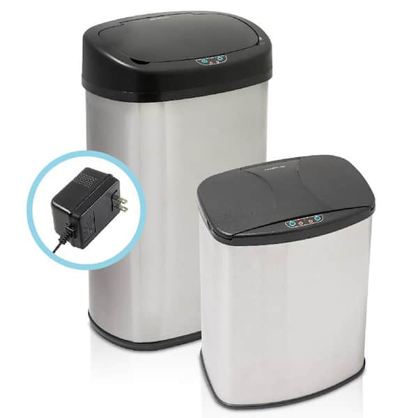 modernhome Brushed Stainless Steel 2-Piece Motion Sensor Trashcan Set with Included Wall Adapter