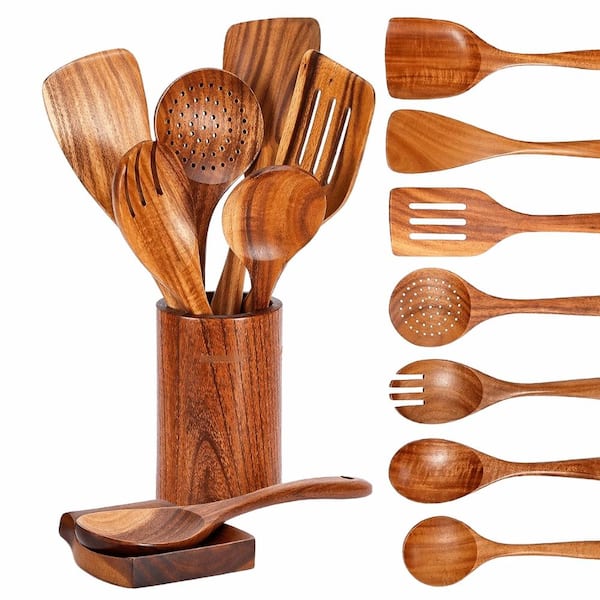 9-Piece Wooden Kitchen Utensil Set with Countertop Holder and Spoon Rest, Natural Wood Cooking Tools