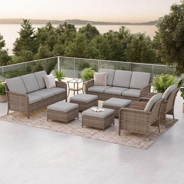 Sonkuki 9-Pieces Patio Conversation Set with Outdoor Armchair, Ottomans and Side Table Gray Wicker with Linen Gray Cushion