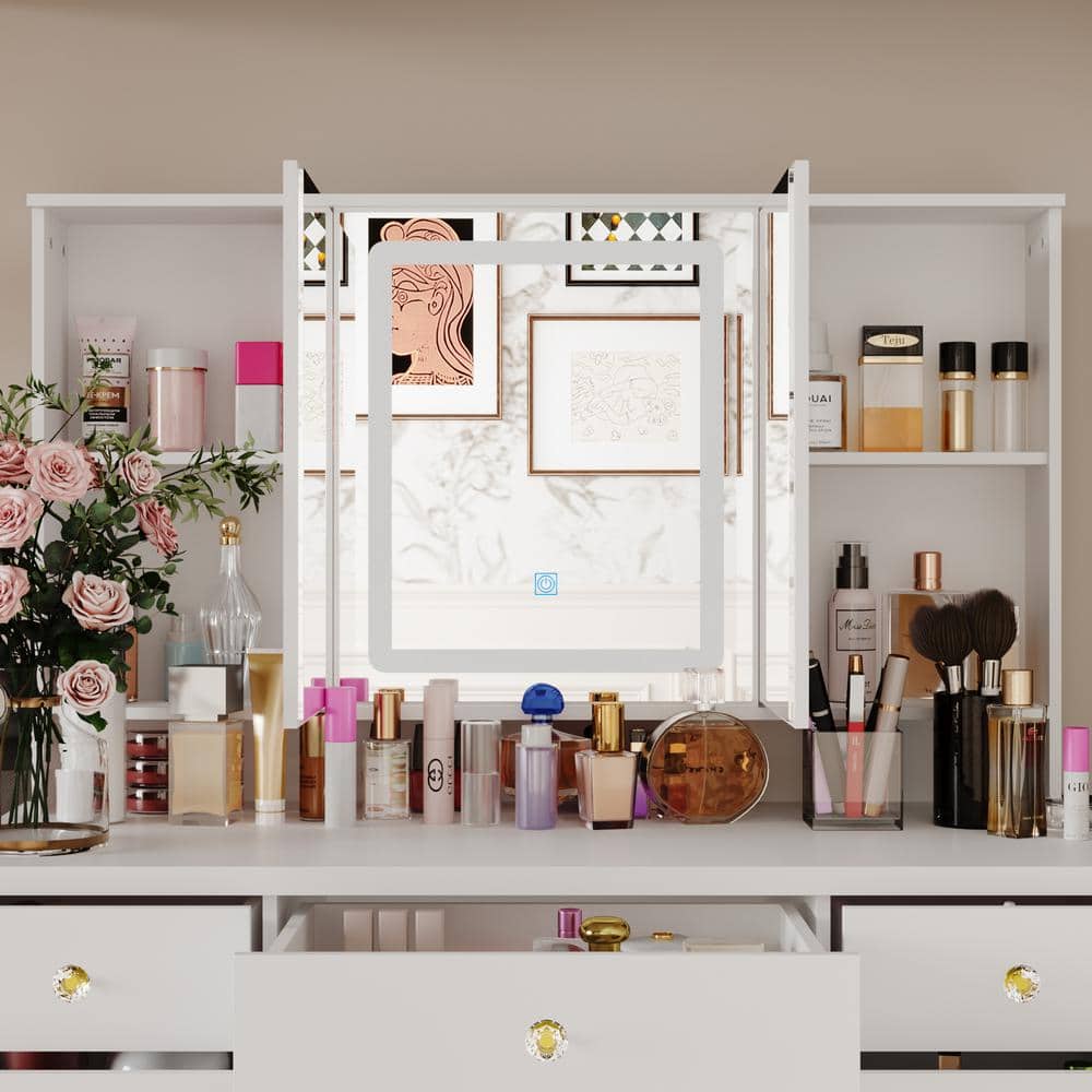 White Modern Makeup Vanity Desk 9 Drawers Wood Dressing Table With 3 Mirrors, Hidden Storage Shelves, LED Lighted - thumbnail 7