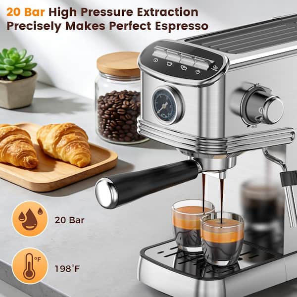 2-Cup Stainless Steel Espresso Machine with 20-Bar Pressure System, Milk Frother, 45 oz. Removable Water Tank, 1420W