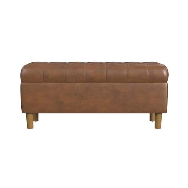 Brown Faux Leather Button Tufted Fawn Velvet 40 in Bedroom Bench Backless with Cone Wood Legs and Storage
