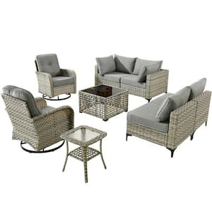 Holston 8-Piece Wicker Modern Outdoor Patio Conversation Sofa Sectional Set with Swivel Chairs and Dark Grey Cushions