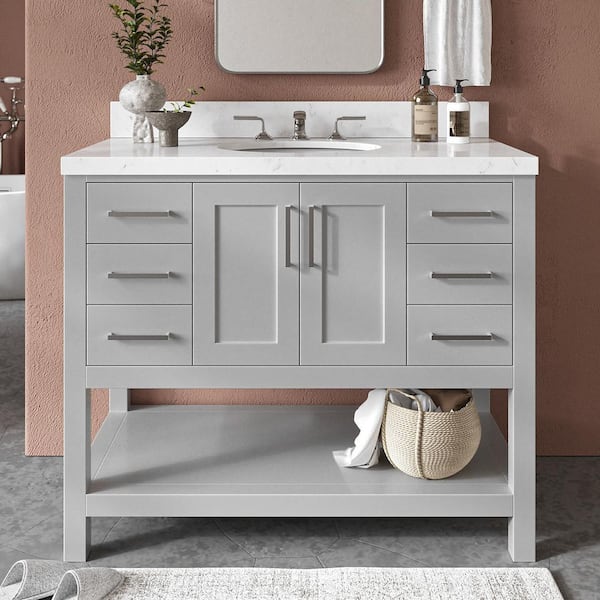 ARIEL Magnolia 42 in. W x 22 in. D x 36 in. H Single Freestanding Bath Vanity in Gray with Carrara Quartz Top