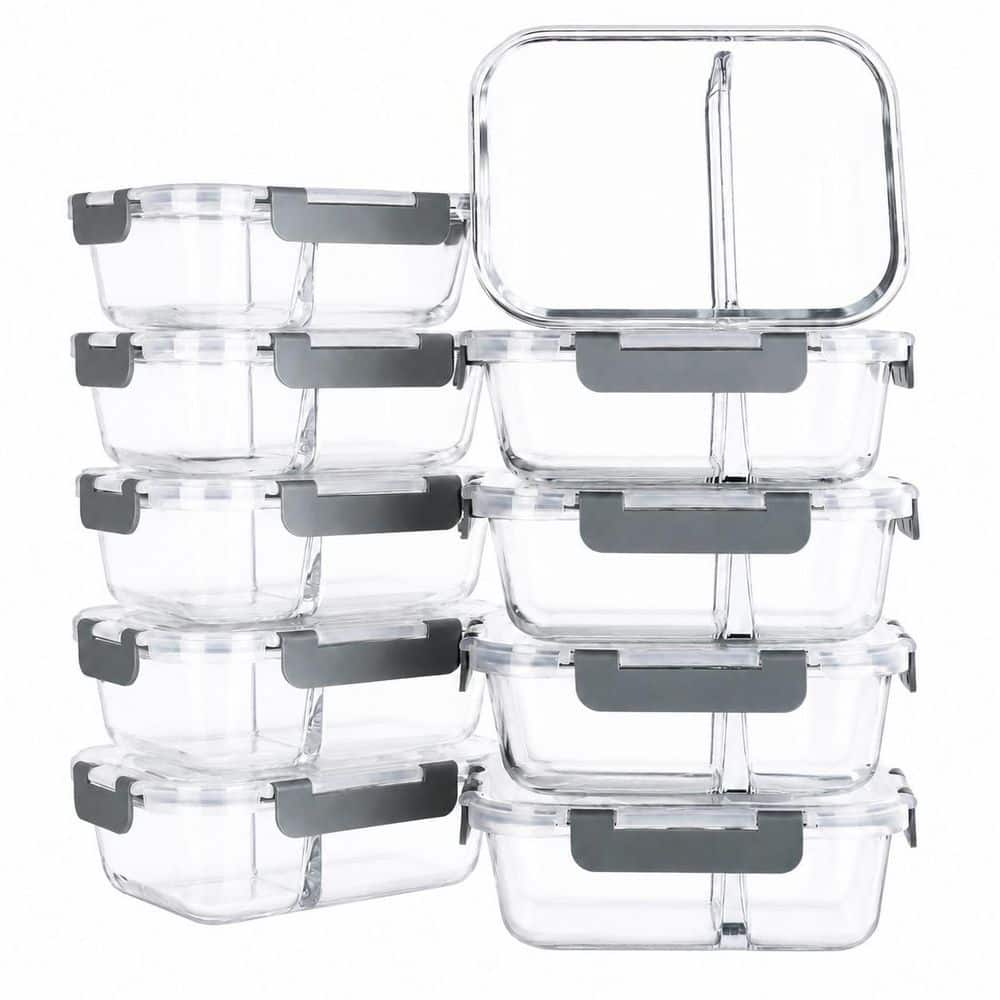 30 Oz Glass Meal Prep Containers with 2 Compartments and Airtight Lids, Set of 10, Microwave and Freezer Safe