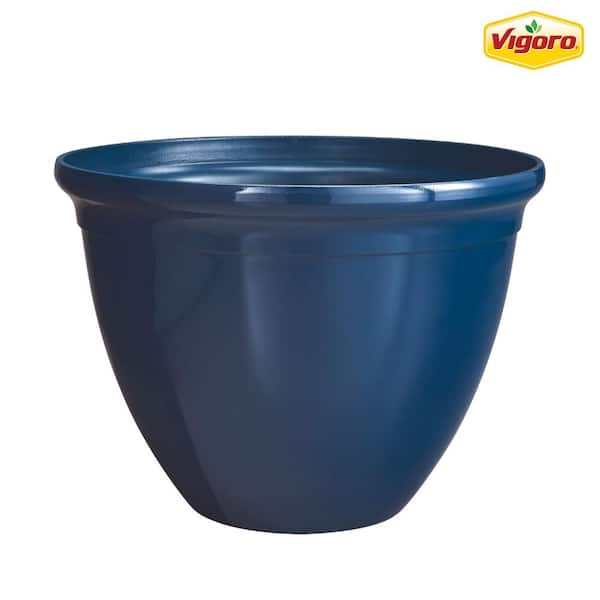Vigoro 13.7 in. Lyla Medium Zaffer Blue Glossy Resin Planter (13.7 in. D x 10 in. H)