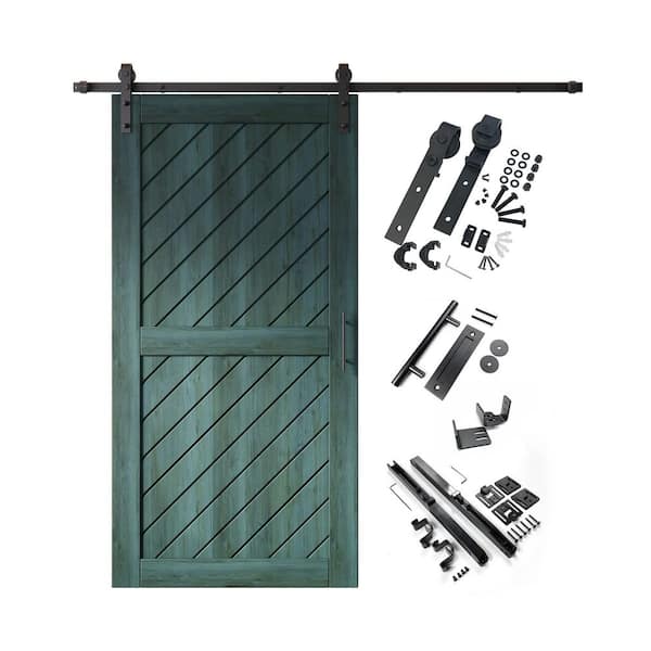 HOMACER XT1 36 in. x 80 in. C-Panel Royal Pine Slanted Stripe Design Solid Pine Wood Sliding Barn Door with Hardware Kit