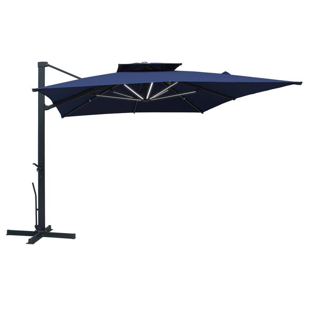 10 x 13 ft. Double Top Cantilever Umbrella with LED Lights Rectangular Crank Market Umbrella Patio Umbrella in Navy Blue -  Clihome, CL01MYD1013LNV