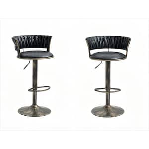 38 in. Black Low Back Metal Frame Swivel Adjustable Height Cushioned Bar Stool with PU Leather Seat (Set of 2)