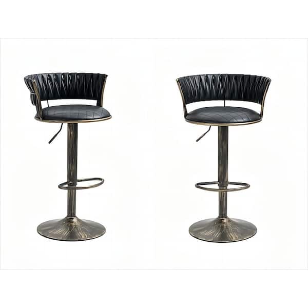 HOMEFUN 38 in. Black Low Back Metal Frame Swivel Adjustable Height Cushioned Bar Stool with PU Leather Seat (Set of 2)