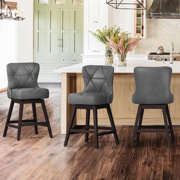 Hampton 26 in. Dark Gray Solid Wood Frame Counter Stool with Back Faux Leather Upholstered Swivel Bar Stool Set of 4