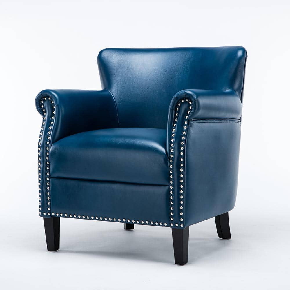 Navy Blue Leather Accent Chair with Wood Legs