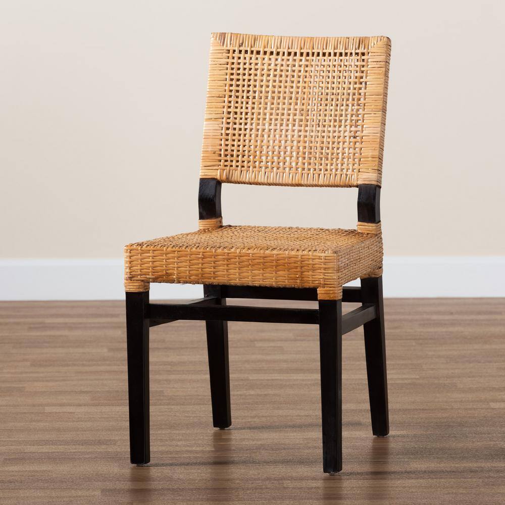 Natural Brown Rattan and Mahogany Wood Dining Chair