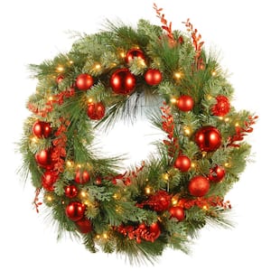 30 in. Artificial Battery Operated Decorative Collection Christmas Red Mixed Wreath with Warm White LED Lights