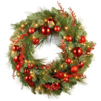 30 in. Battery Operated Decorative Collection Christmas Red Mixed Wreath with Warm White LED Lights