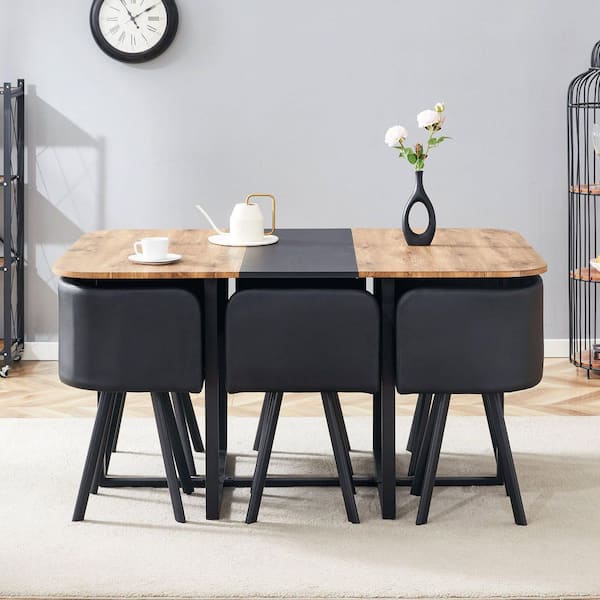 7-Piece Rectangular Black/Brown Wood Top Dining Table Set Seats 6 with 6 PU Leather Chairs