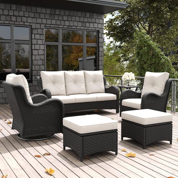 6-Piece Wicker Outdoor Patio Conversation Seating Set Sectional Sofa with Swivel Rocking Chair and Beige Cushions