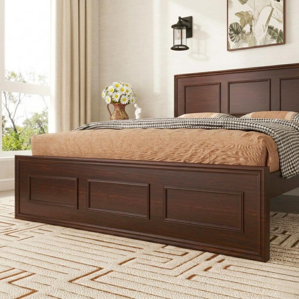 Brown Wood Frame Full Size Platform Bed with Adjustable Height Headboard