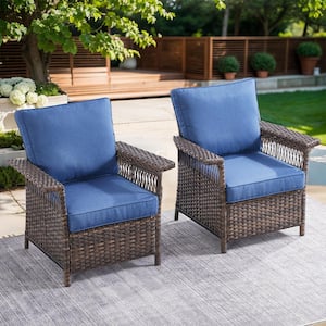StLouis Brown Wicker Outdoor Lounge Chair with Blue Cushions