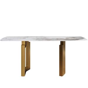 70.87 in. Rectangle Round Edge Pandora Sintered Stone Top Double Pedestal 2-Gold Metal Base Dining Table (Seats-6)