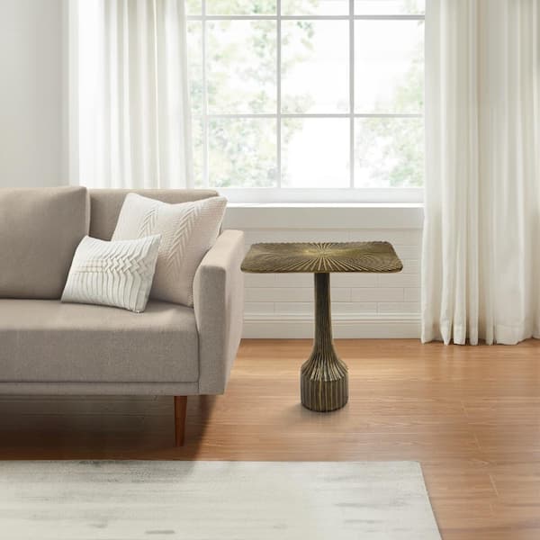 17.5 in. Brass Square Aluminum Side End Table with Decorative Fluted Pedestal Support