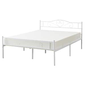 Full Bed Frame, White Platform Bed No Box Spring Needed, Heavy Duty Steel Slats Support Bed
